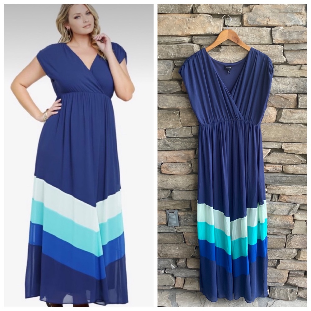 Torrid Chevron Blue Maxi Dress V-Neck Short Sleeve
